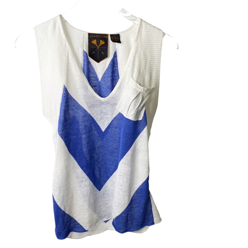 Jamison Linen Sweater Color Block Blue White Cap Sleeves Side Ruching Size XS